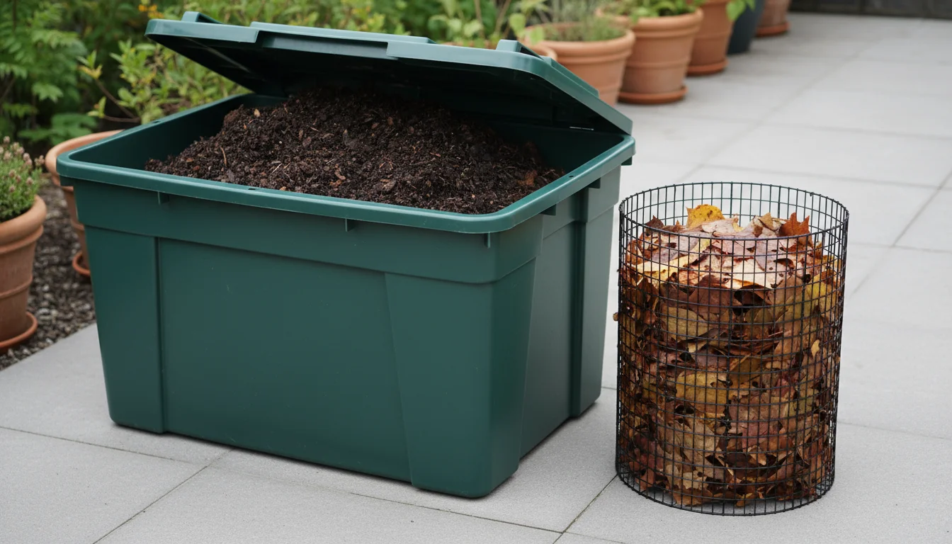 A dark green bin partially open with finished leaf mold next to a wire mesh container holding fresh fall leaves on a neat patio.