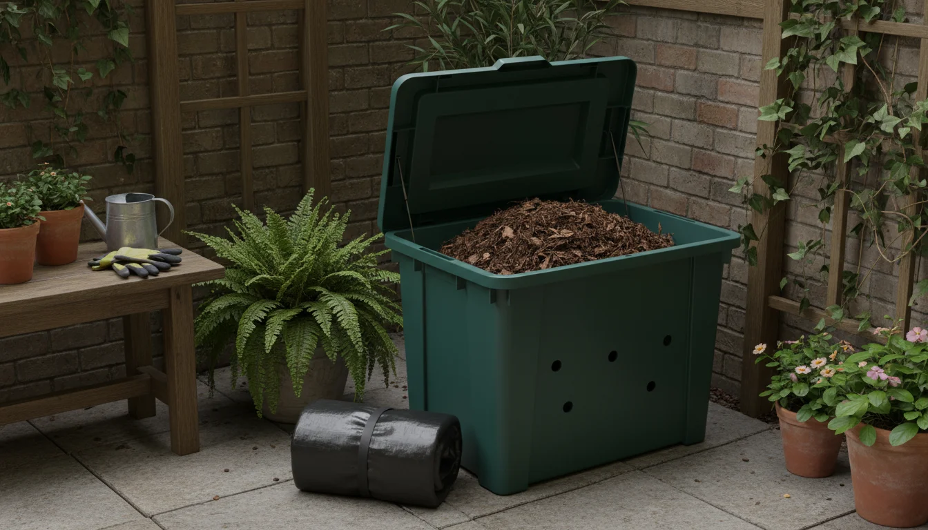 Dark green storage bin with lid ajar revealing dark leaf mold, next to a loosely tied dark garden bag, nestled in a shaded patio corner with vibrant p