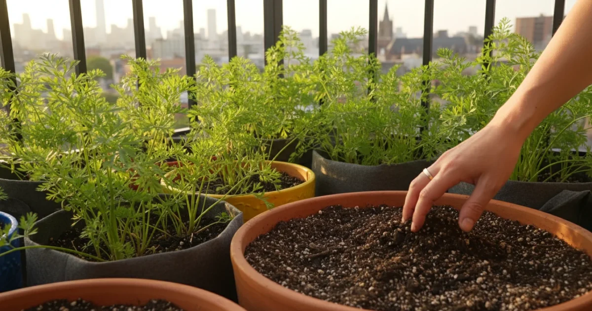 Deep terracotta pots and fabric grow bags with young carrot greens on an urban balcony. A hand touches the dark, loose soil.