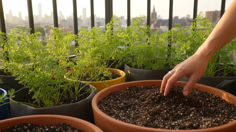 Deep terracotta pots and fabric grow bags with young carrot greens on an urban balcony. A hand touches the dark, loose soil.