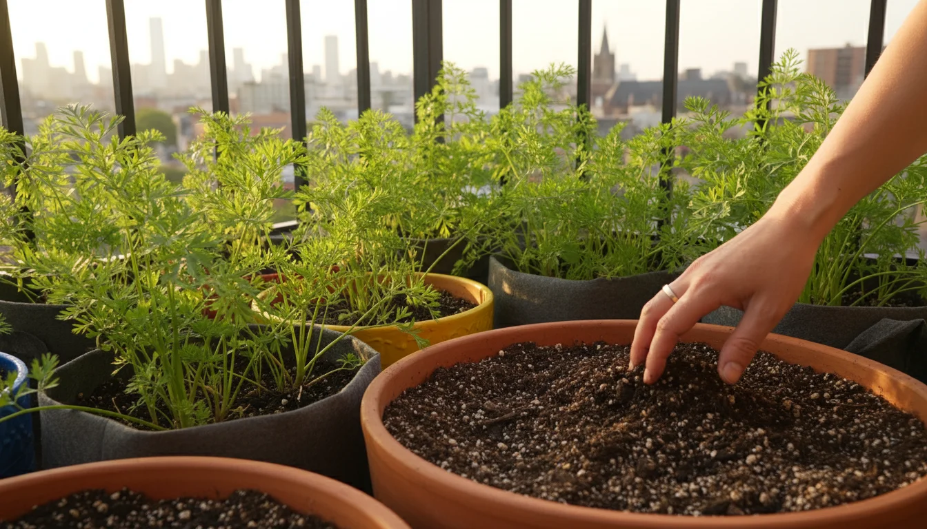 Deep terracotta pots and fabric grow bags with young carrot greens on an urban balcony. A hand touches the dark, loose soil.