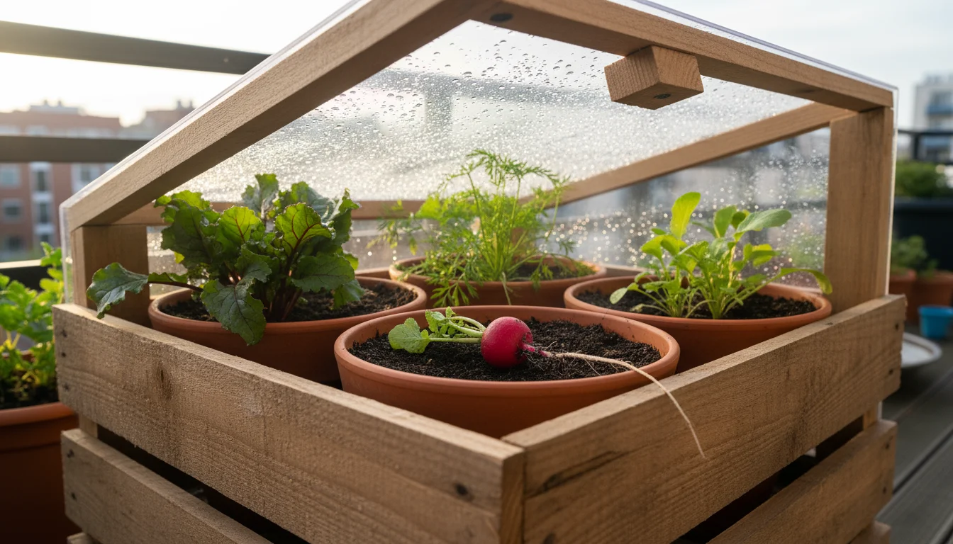 A detailed view inside a wooden cold frame on a balcony, showing deep pots with beet, carrot, and radish greens. A freshly pulled red radish with its 