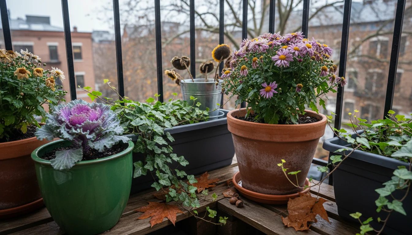 Elevated view of diverse container plants on an urban balcony in autumn, showing terracotta, ceramic, and plastic pots with different plants and falle