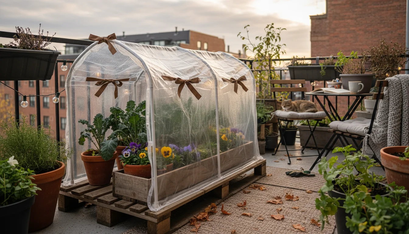 A DIY mini hoop house protects container plants on a small patio, alongside milk jug cloches and a floating row cover in late fall.