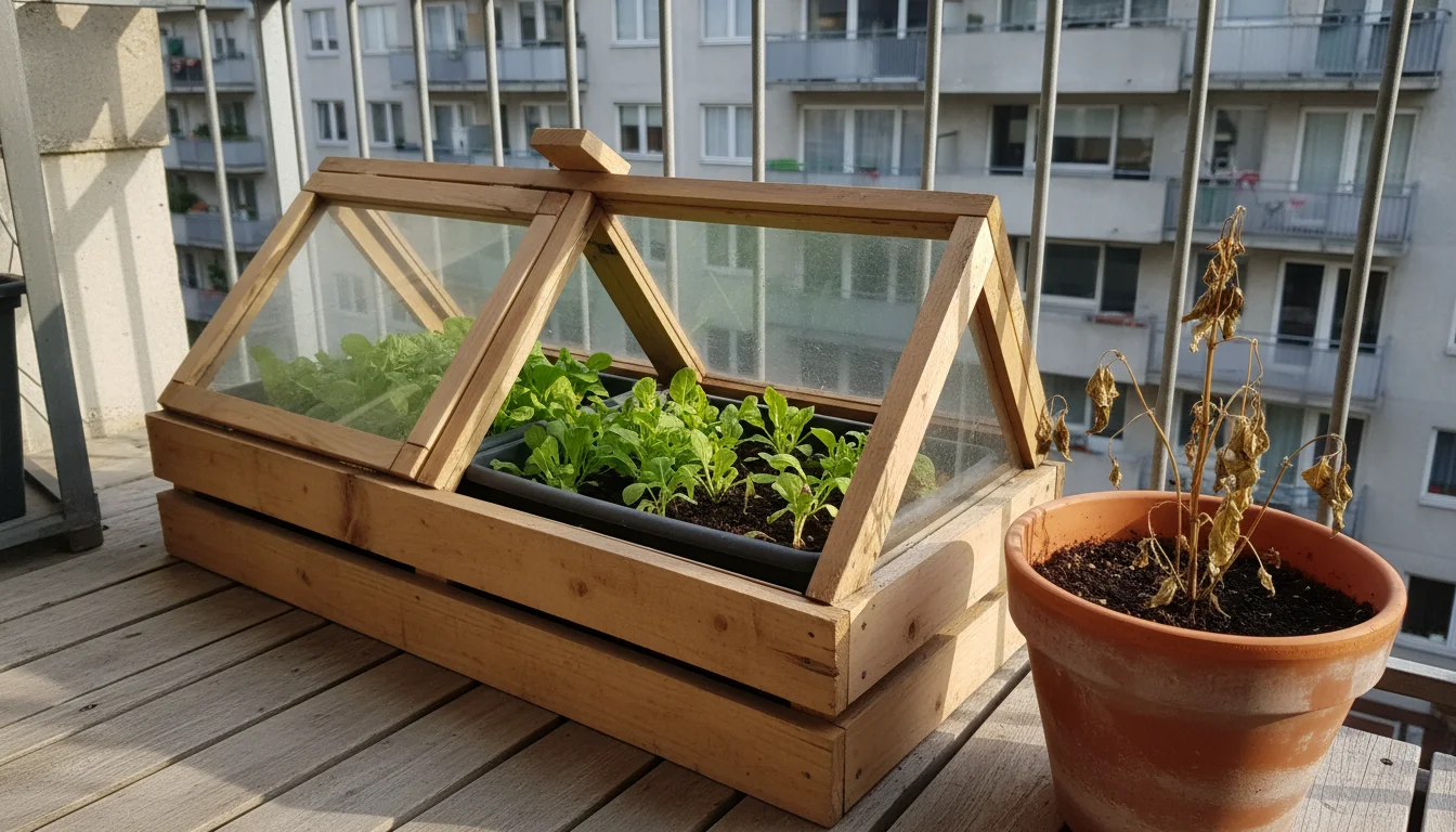 A DIY wooden cold frame on a balcony, open to show healthy green plants inside, next to a pot with a wilted, frost-damaged plant outside.