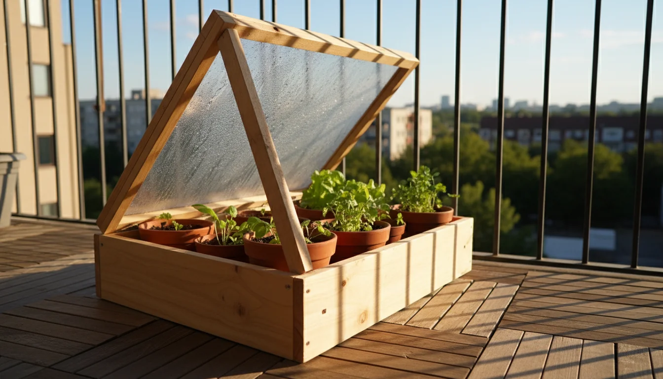 DIY wooden cold frame on a sunny balcony, its clear lid propped wide open to ventilate stressed potted greens inside.