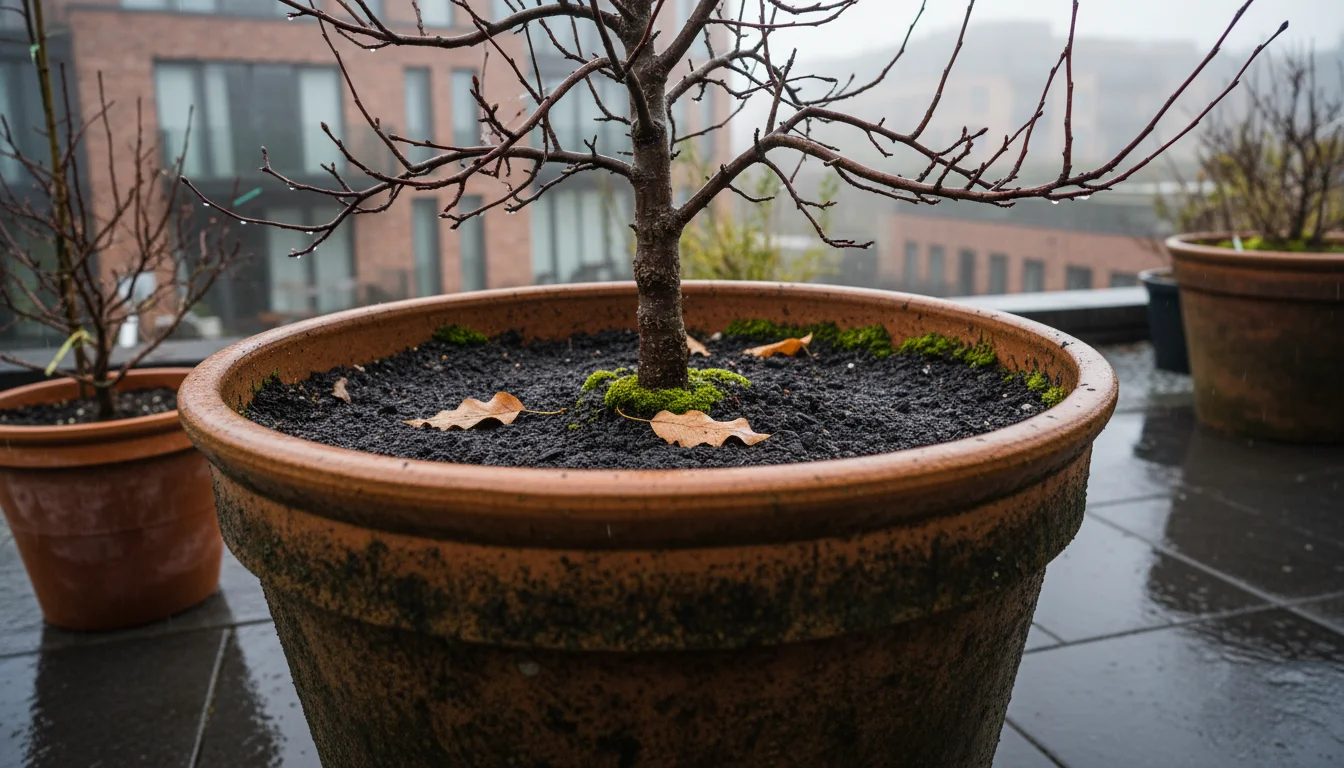 A dormant dwarf apple tree in a weathered terracotta pot sits on a damp urban patio. The soil is visibly saturated with green moss and decaying leaves