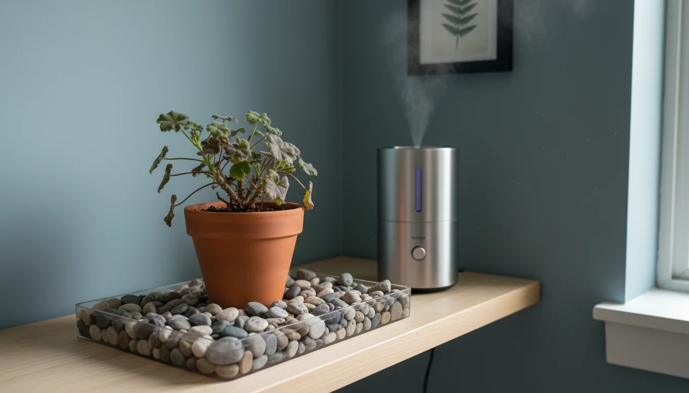 A dormant potted geranium on a pebble tray with small stones and a visible water line, sits on a wooden shelf next to a digital thermometer displaying