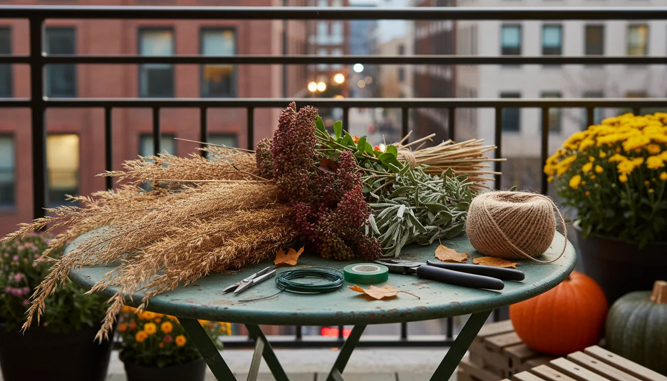 Dried ornamental grass, sedum, herbs, floral wire, tape, wire cutters, snips, and twine arranged on a small metal table on a balcony.