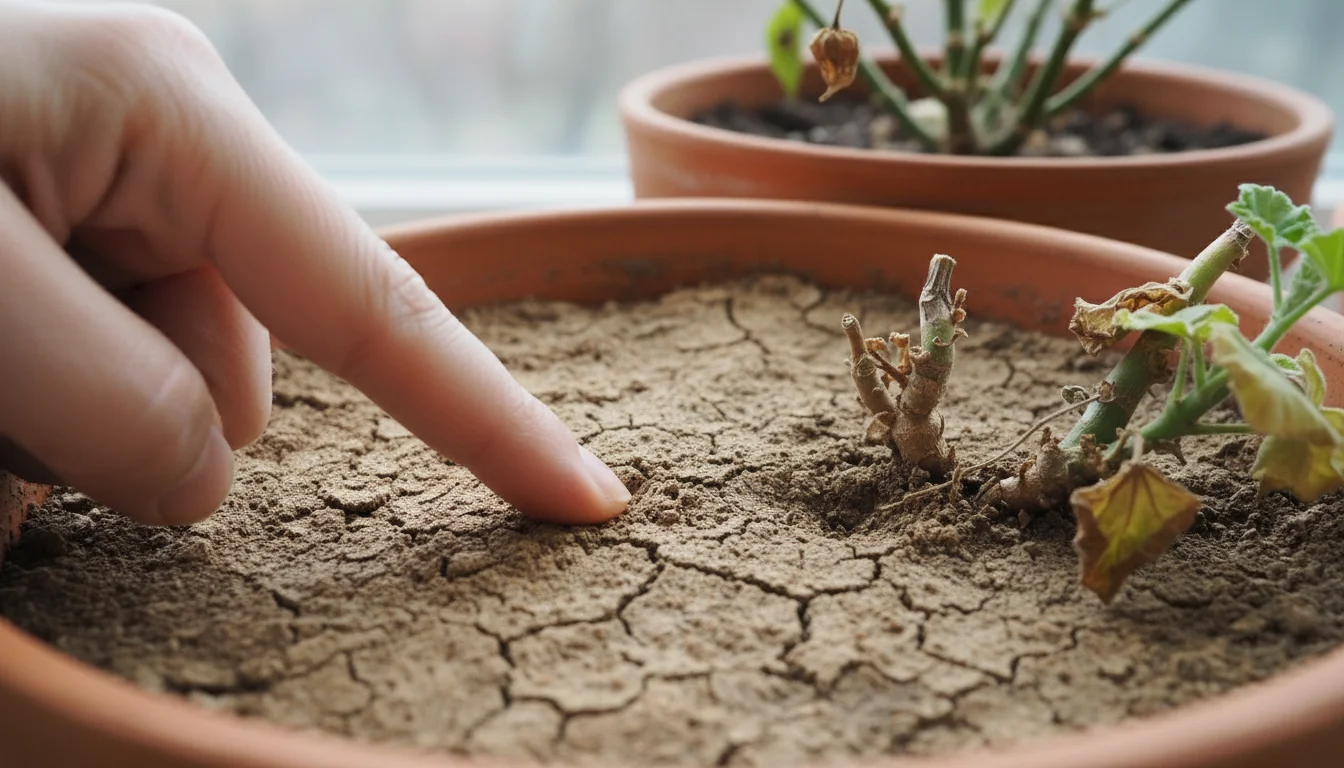 A close-up of dry, slightly cracked soil in a terracotta pot with a finger pressing into it. A dormant pepper plant is blurred in the background.