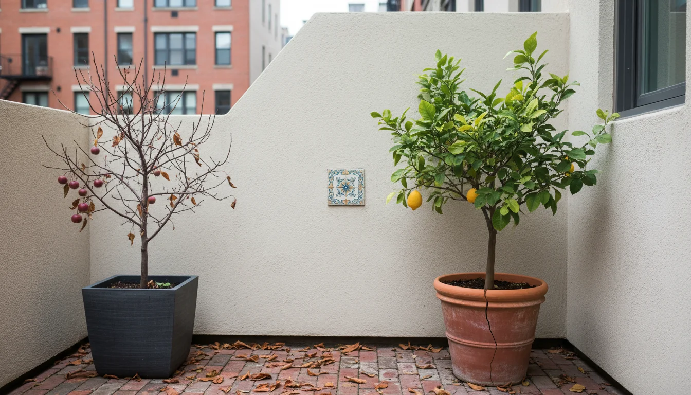 Dwarf lemon tree in a cracked terracotta pot beside a dwarf apple tree in a plastic pot on an urban patio, with a hand touching a leaf.