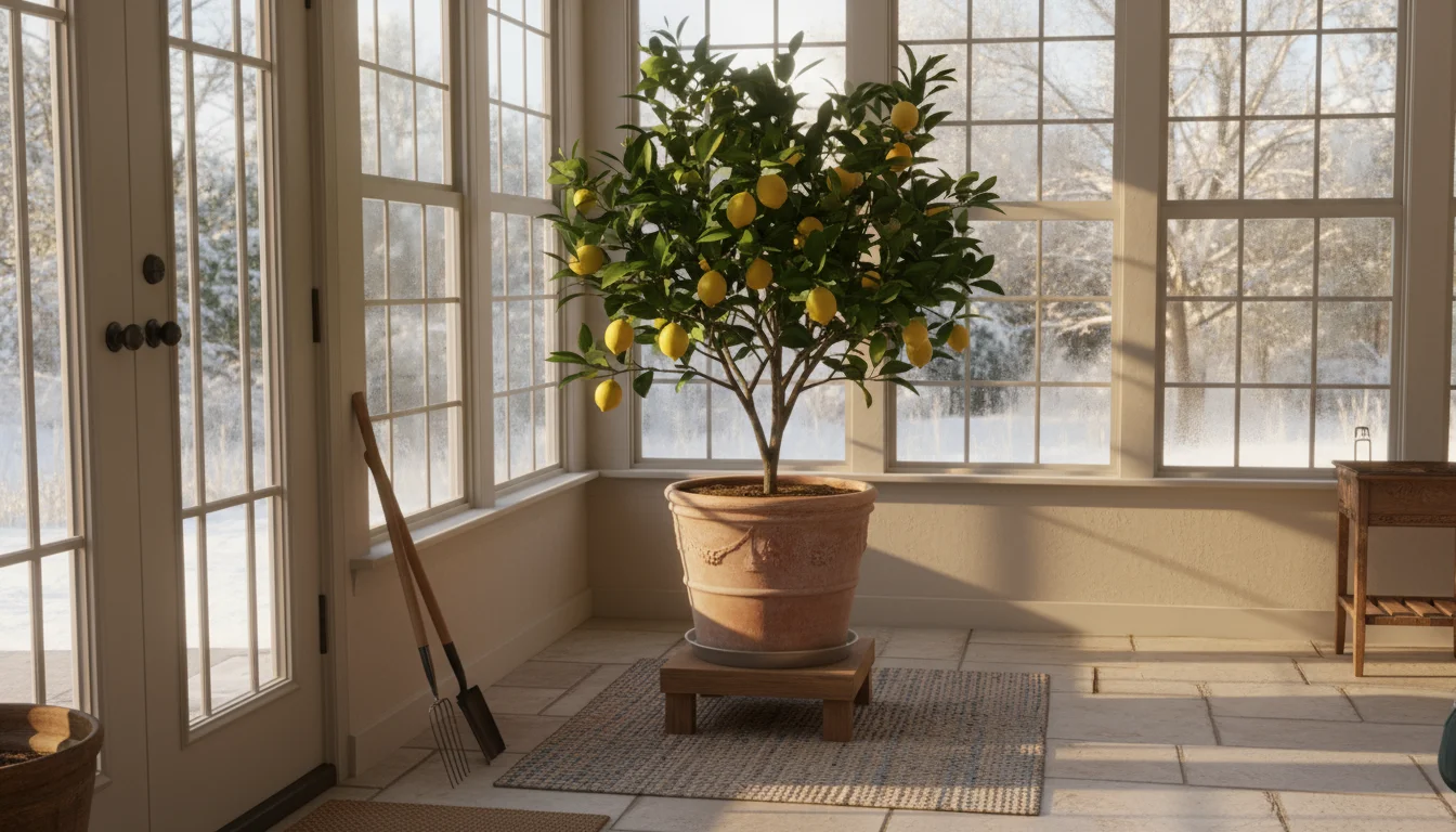 Dwarf lemon tree in a terracotta pot by a bright window in an unheated sunroom.