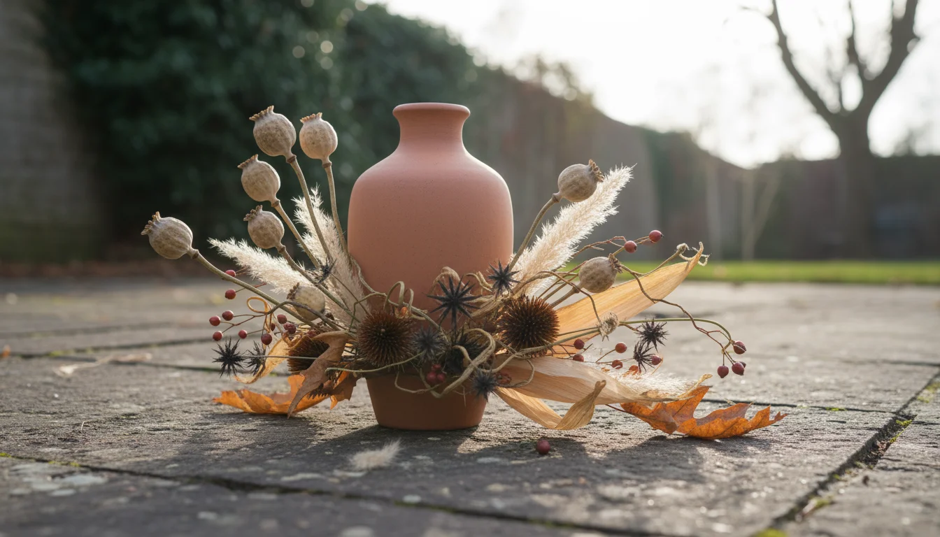 Earthy ceramic vase on a stone patio, surrounded by dried poppy pods, nigella, coneflower heads, grass plumes, and dusty miller. Floral snips rest nea