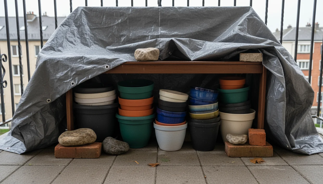 Empty garden pots of various sizes are neatly nested and covered with a dark grey tarp under a balcony bench.
