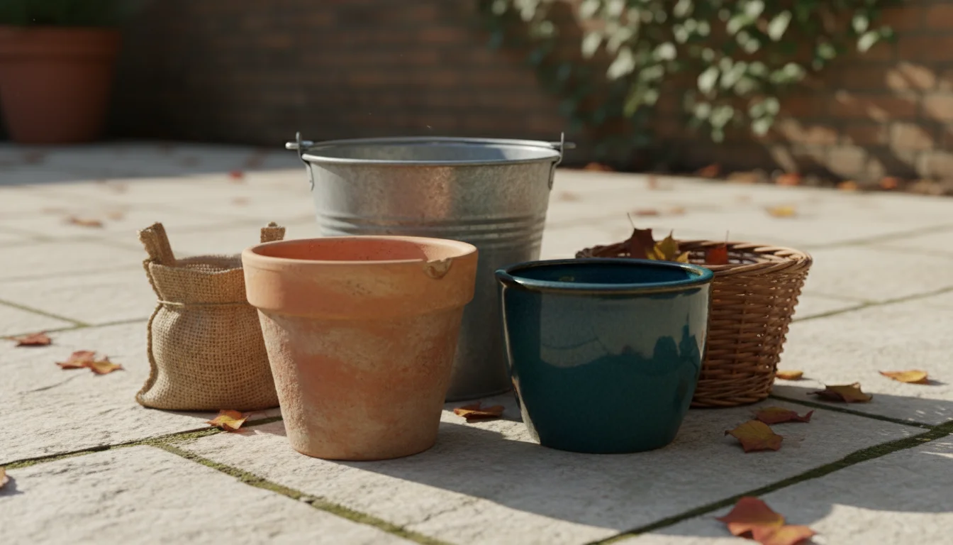 Empty terracotta, glazed ceramic, and vertical planter pocket pots with an open bag of potting mix and a hand trowel on a patio.