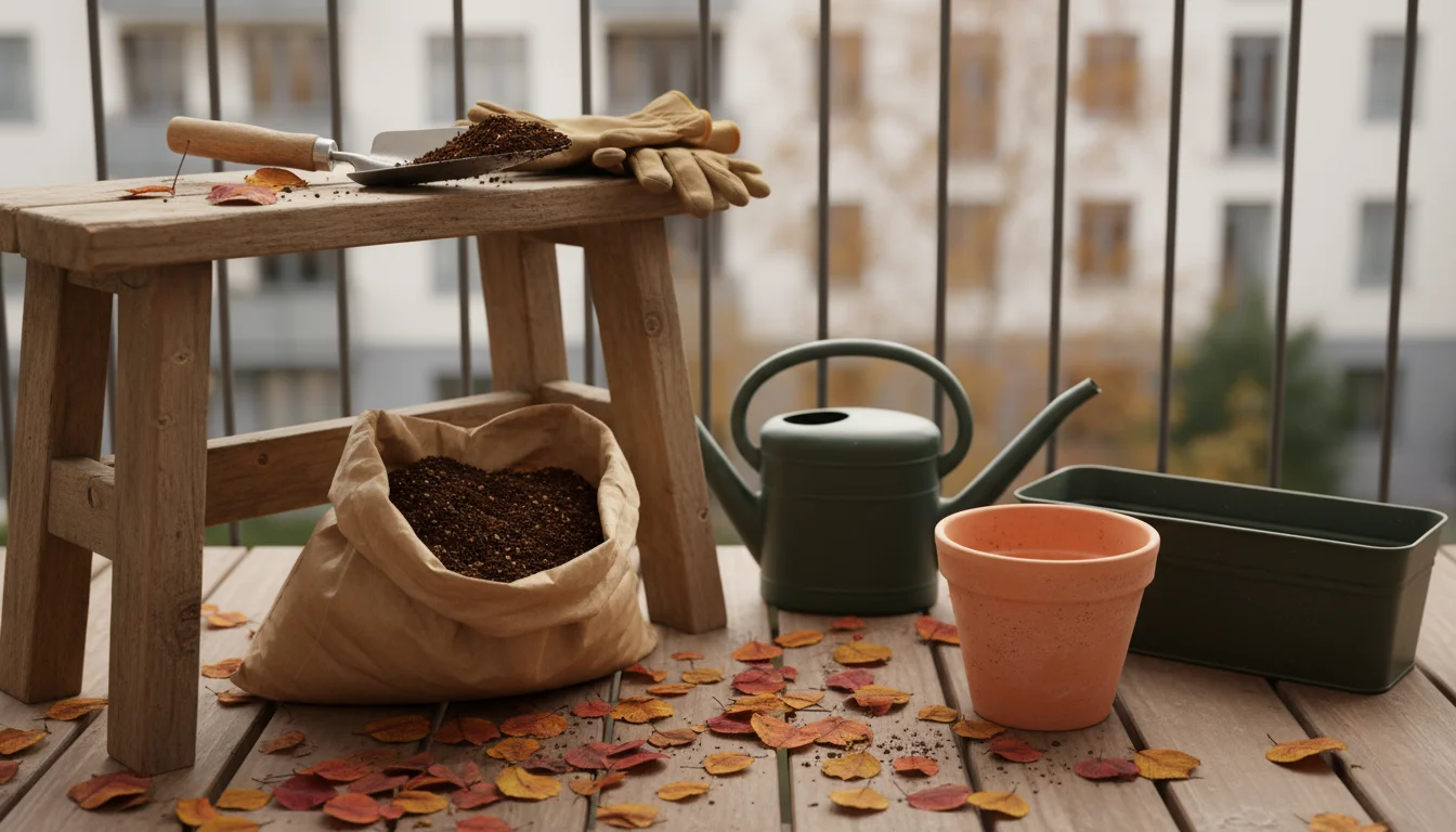 Essential gardening tools and containers on a wooden stool on a balcony, ready for late fall planting.