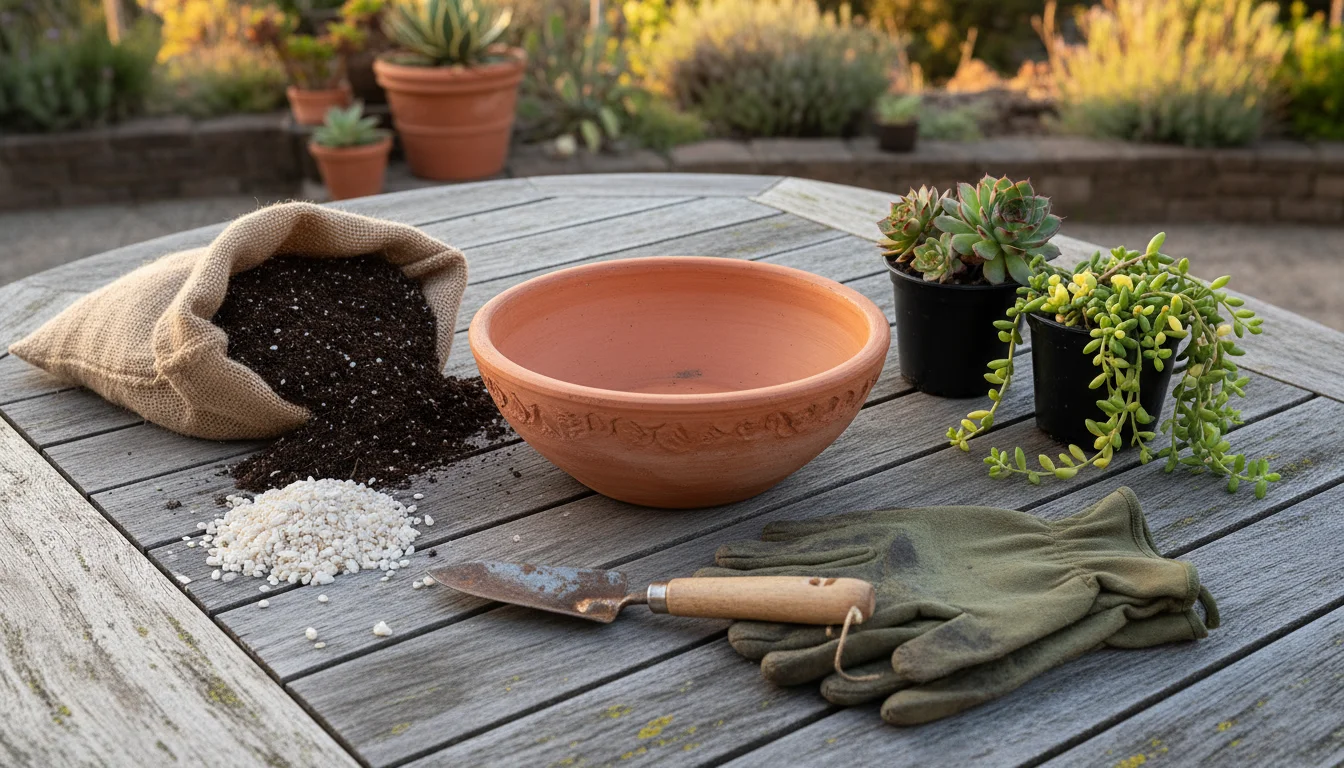 Essential supplies for planting succulents arranged on a wooden table, including an empty terracotta bowl, potting mix, grit, two small plants, trowel