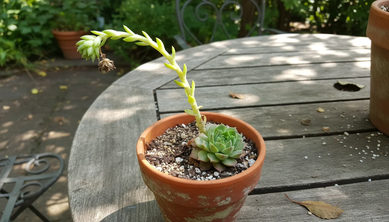 Etiolated Sempervivum succulent in a terracotta pot on a patio table, showing a stretched, pale stem and sparse leaves.