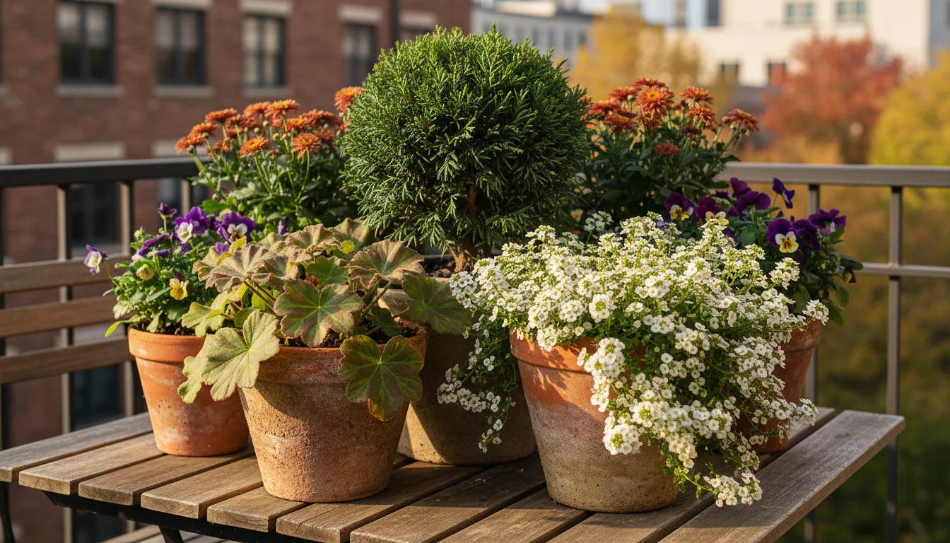 A fall container garden arrangement with a dwarf conifer, scented geranium, and cascading white alyssum on a patio table.