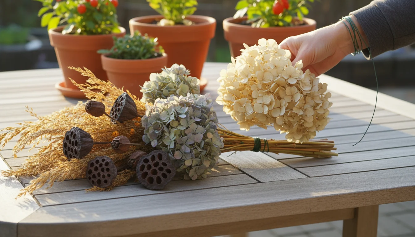 A fall swag featuring dried hydrangeas, grasses, and seed pods lies on a wooden patio table. A hand is carefully adding a large cream-colored hydrange