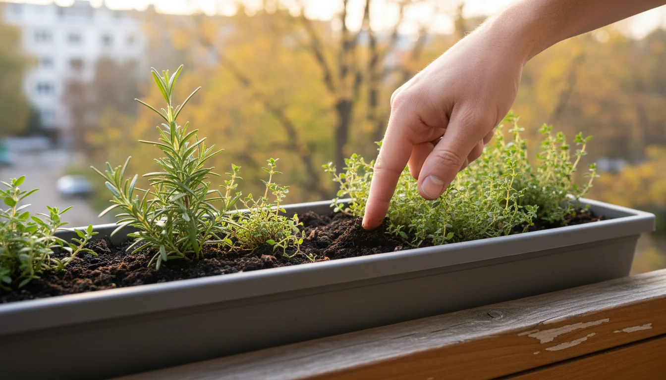 Close-up of a finger assessing the moisture of dark soil in a long balcony planter holding healthy herbs.