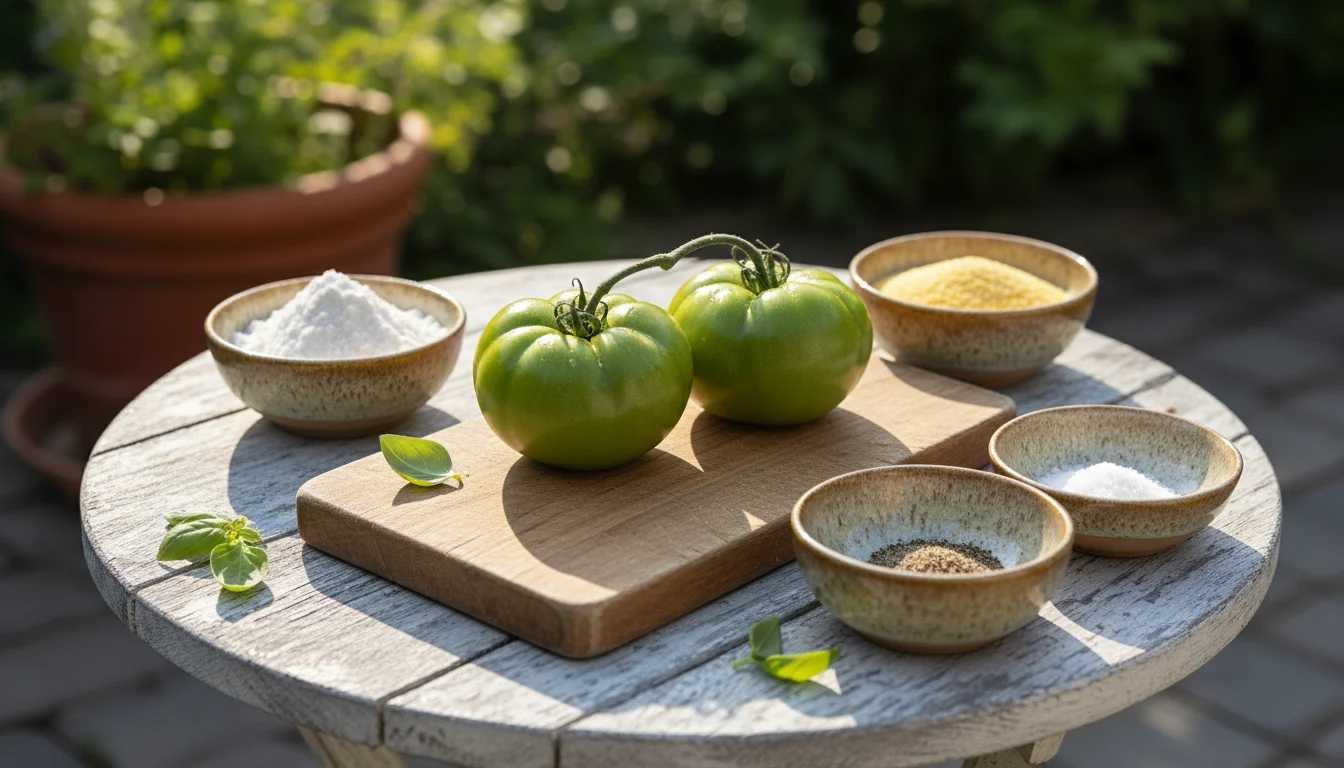 Fresh green tomatoes and various dry ingredients (flour, cornmeal, salt, pepper), along with whisked egg and milk, laid out on a wooden board on a pat