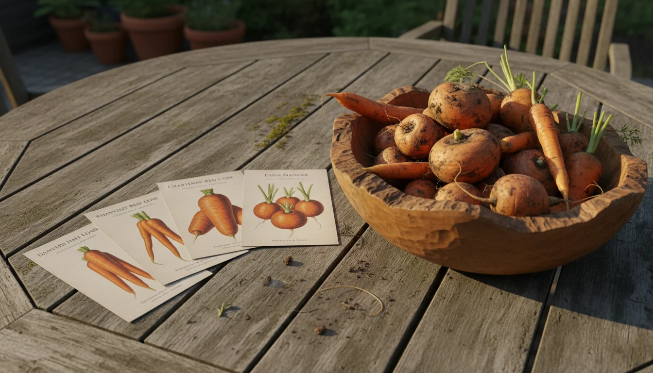 Freshly harvested 'Danvers Half Long', 'Chantenay Red Core', 'Paris Market', and 'Little Finger' carrots next to their seed packets on a patio table.