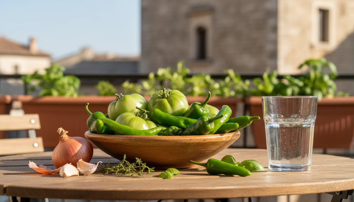 Freshly harvested green tomatoes, unripe peppers, onion, garlic, and water arranged on a small balcony table.