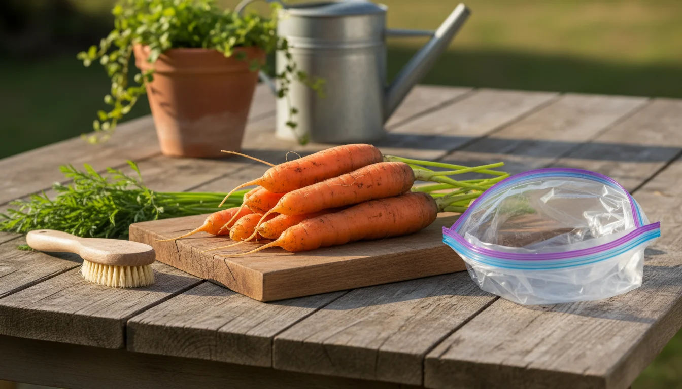 Freshly harvested, unwashed fall carrots with trimmed greens on a wooden board, with a brush and open plastic bag for storage.