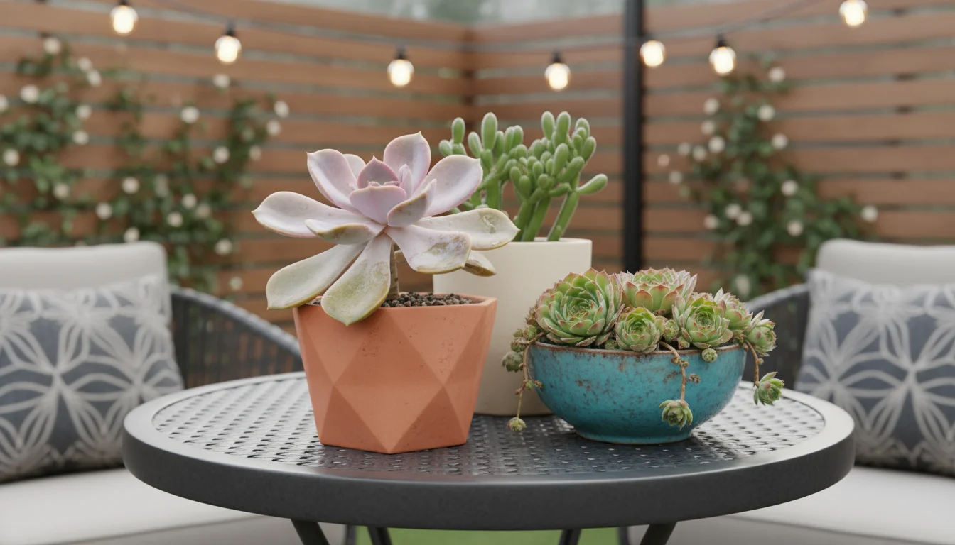 A frost-damaged Echeveria in a terracotta pot sits next to a healthy Sempervivum arrangement on a patio table.