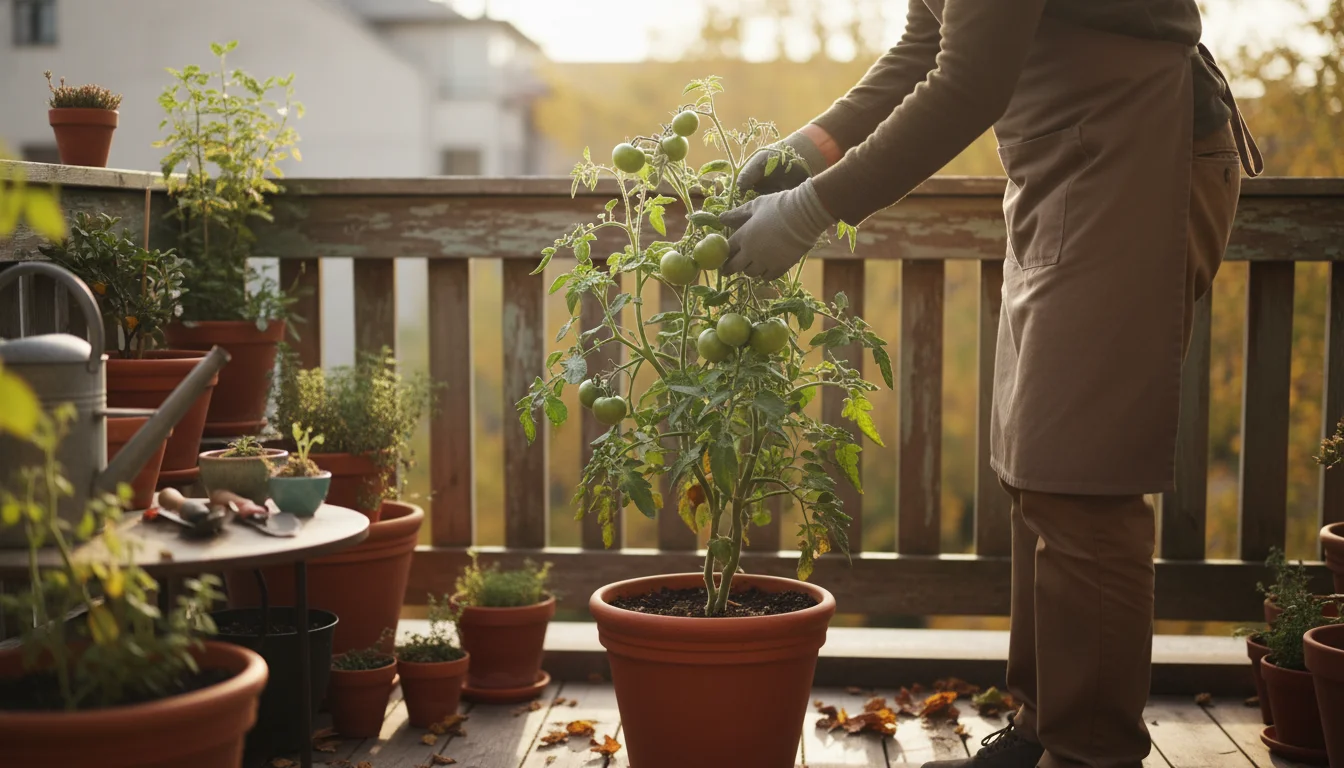 Gardener on a balcony tending a potted tomato plant full of green tomatoes.