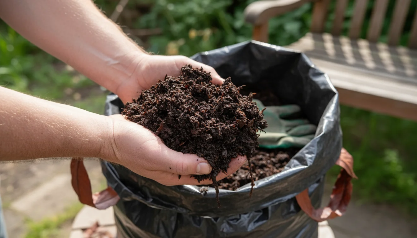 A gardener's bare hands gently squeeze a handful of dark, damp leaf mold, showing ideal moisture for decomposition.