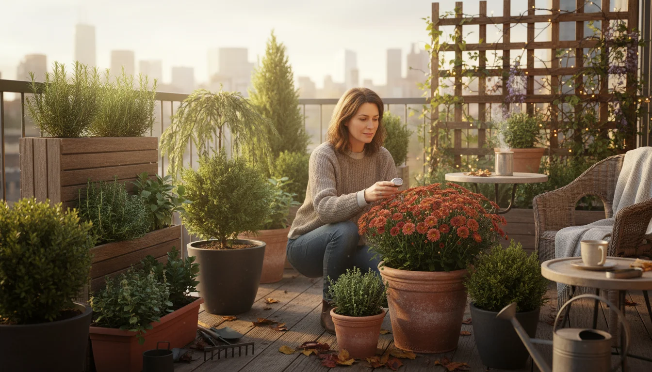 A gardener on a cozy urban balcony systematically checks soil moisture in various container plants (herbs, pansies, dwarf conifers) during a golden fa