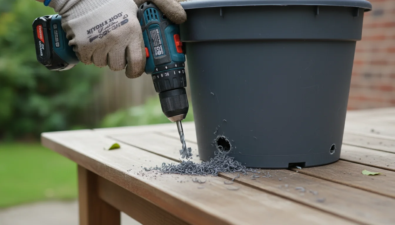 Gardener drilling 1/2-inch drainage holes into the bottom of a deep, dark grey plastic pot on a wooden workbench.