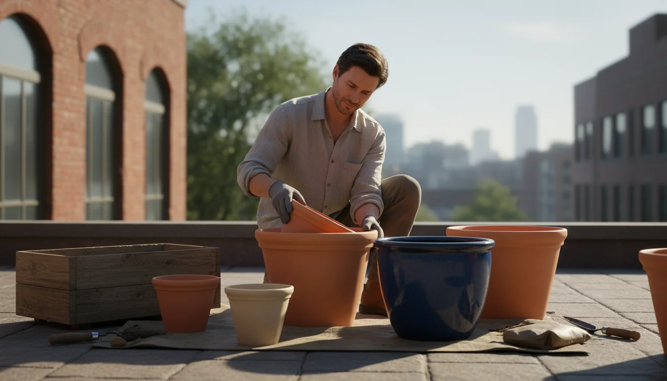 A gardener examines large terracotta and ceramic pots on a sunny urban patio, with other spacious containers ready for planting.