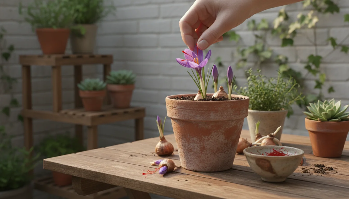 A gardener's finger carefully plucking bright red saffron stigmas from a purple crocus flower in a terracotta pot.