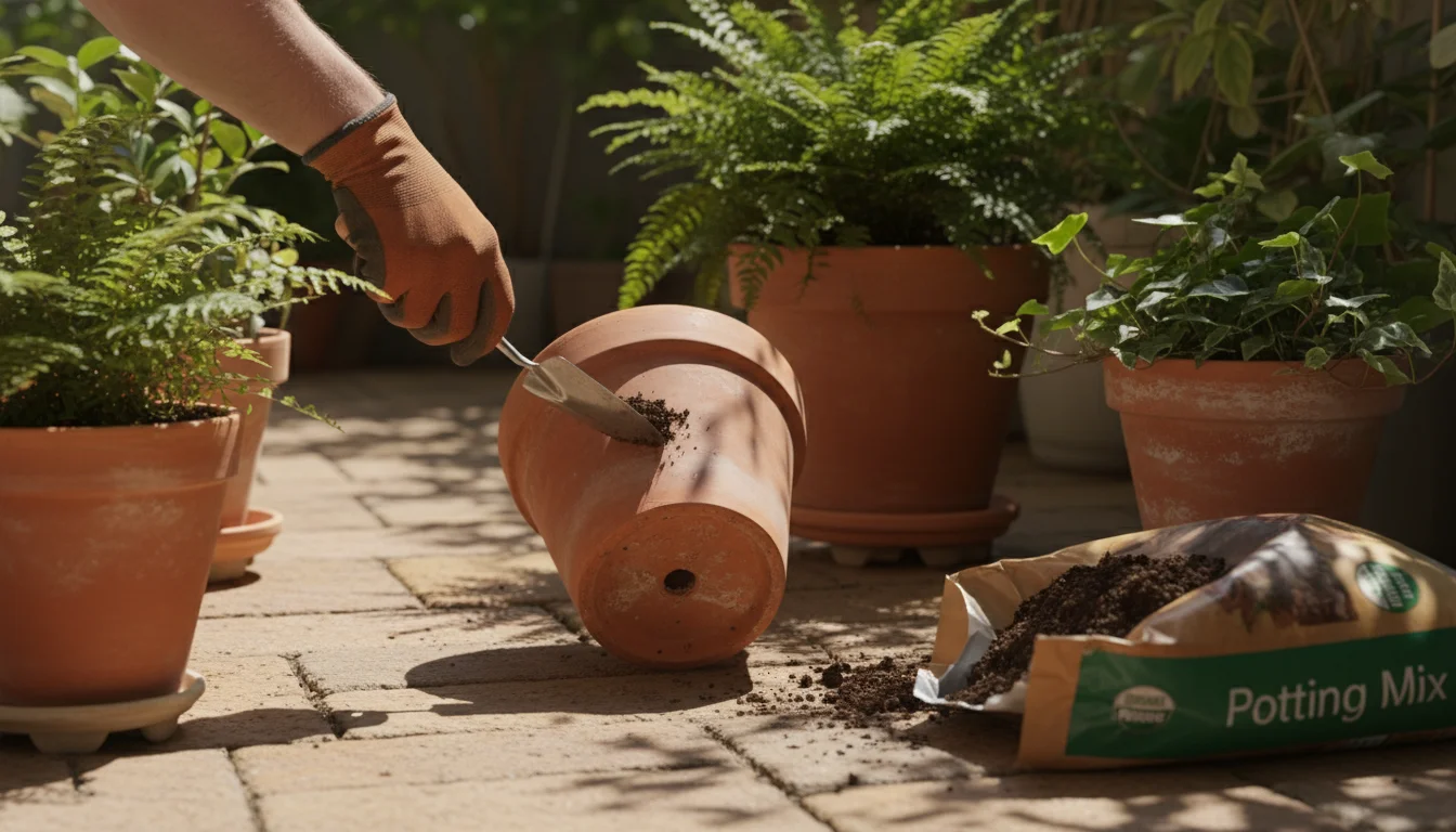 A gardener's gloved hand gently clears a drainage hole on a tilted terracotta pot on a sunny patio. Other pots sit on pot feet.