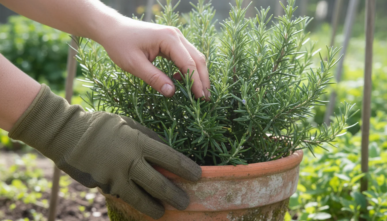 Gardener's gloved hand gently touches fragrant rosemary in a terracotta pot on a patio, with other fall plants in the background.