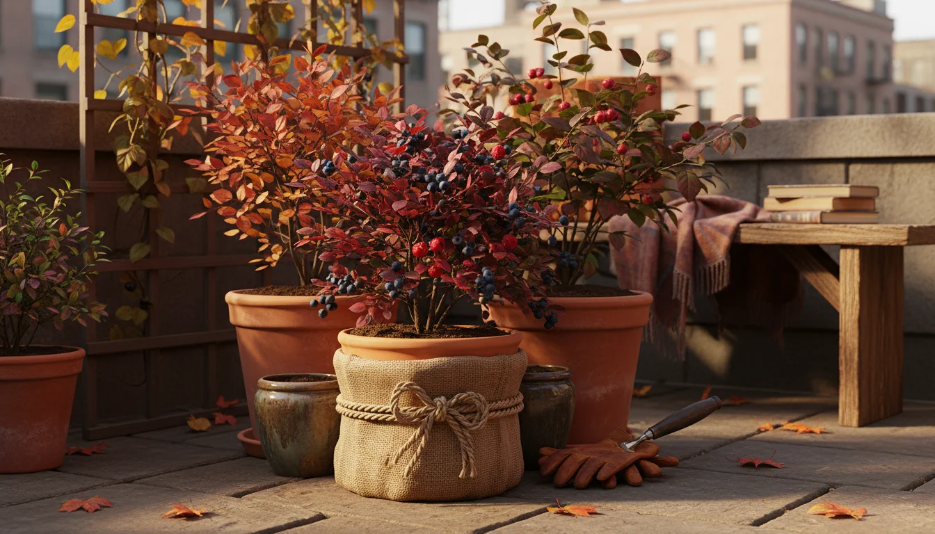 Gardener's gloved hands apply straw mulch around a container berry bush, with another pot wrapped in burlap on an autumn patio.