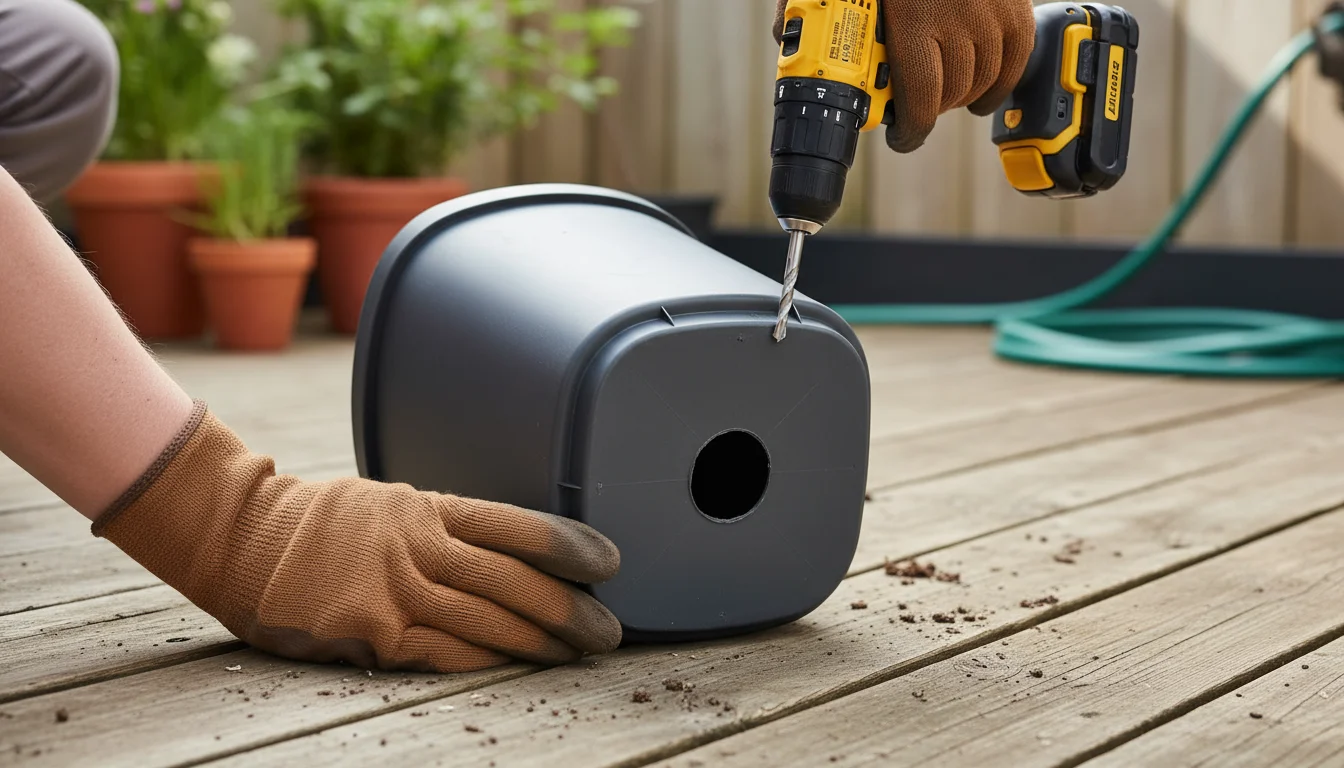 A gardener's gloved hands hold a dark grey plastic container upside down. A cordless drill is poised at the bottom, ready to create a new drainage hol