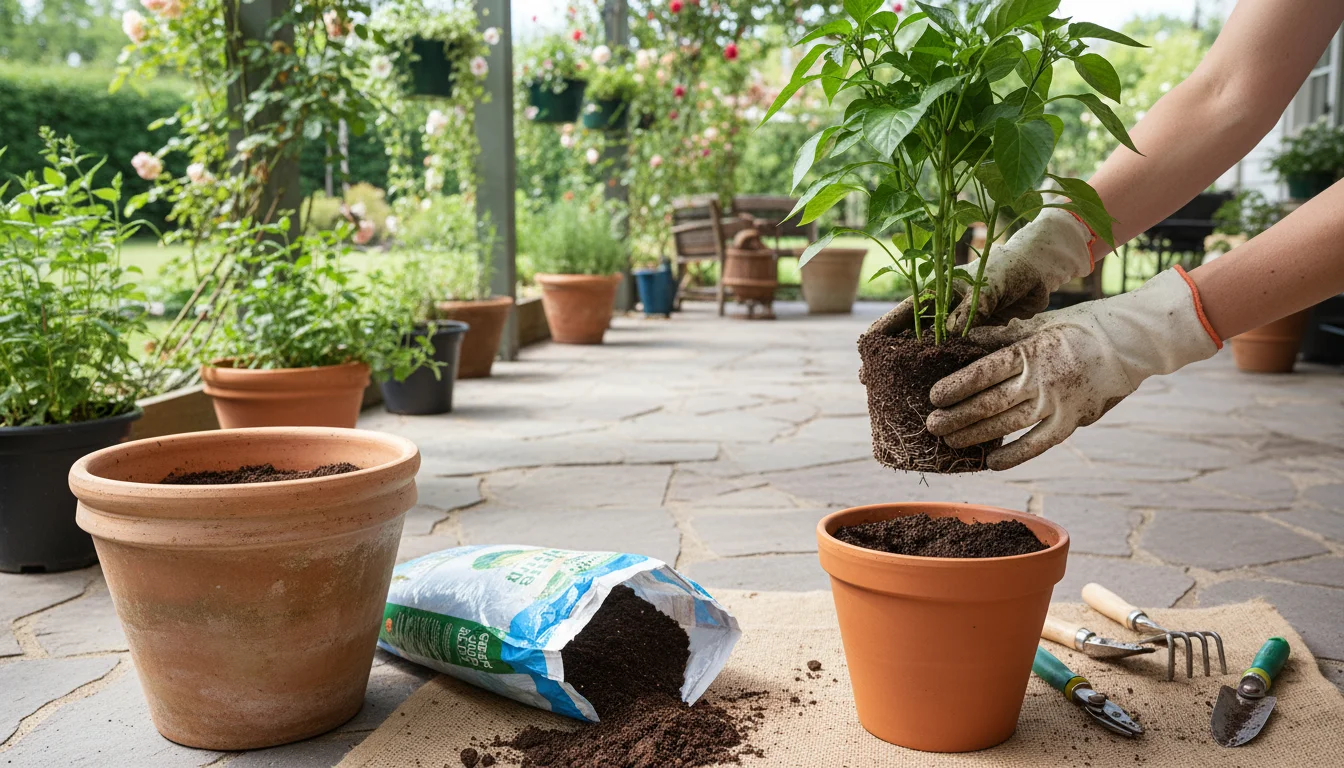 Gardener's gloved hands holding a pepper plant's root ball over a new pot with fresh soil, its old pot sits nearby.
