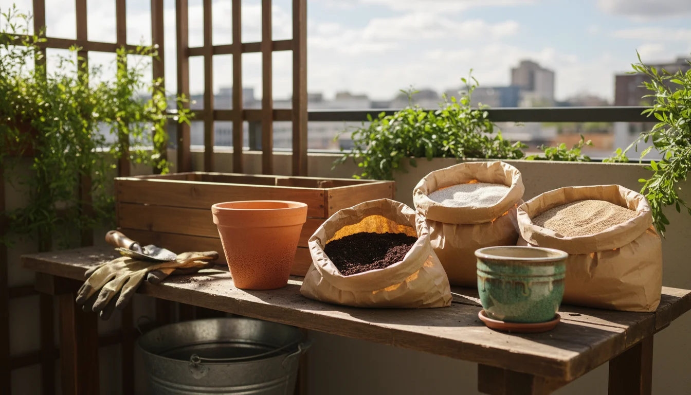 Gardener's gloved hands mixing potting soil ingredients in a bucket, surrounded by various empty pots on a sunlit balcony.