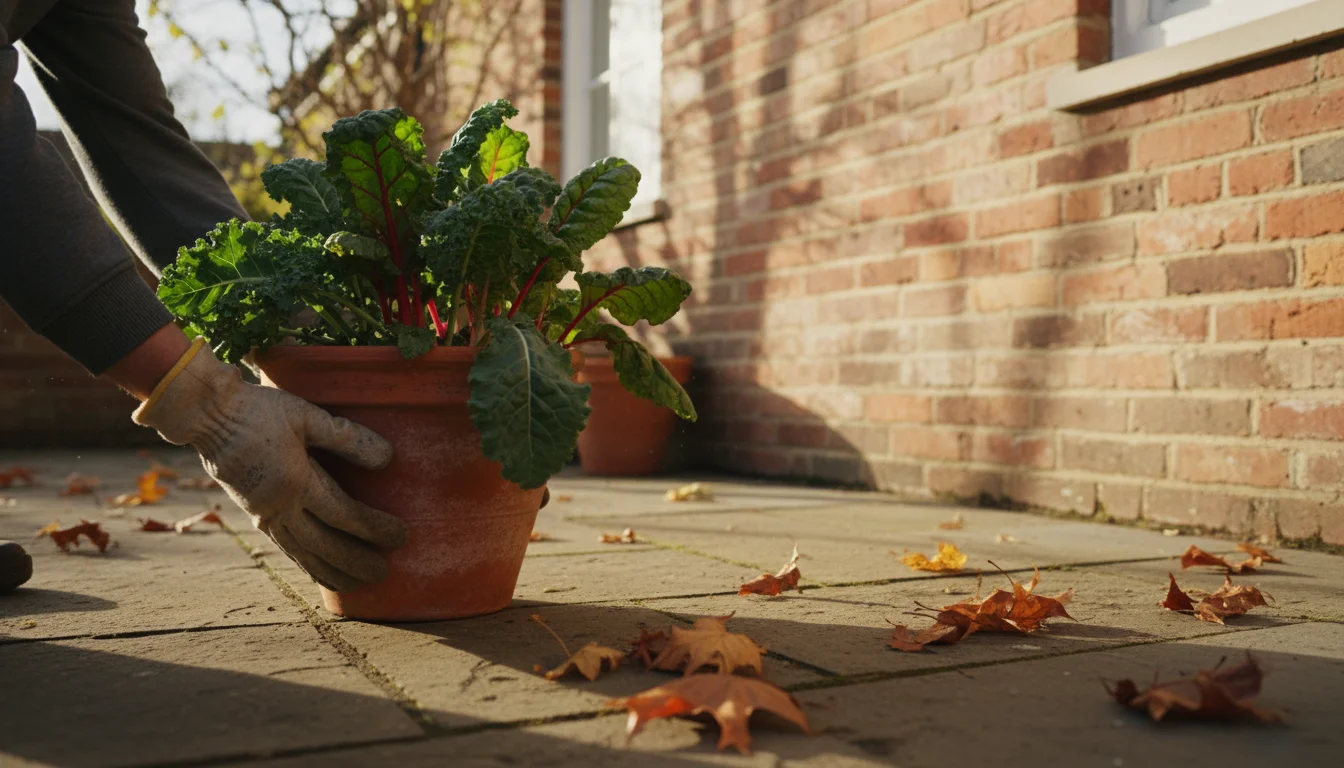Gardener's gloved hands move a container of cold-tolerant greens toward a house wall on a fall patio for frost protection.