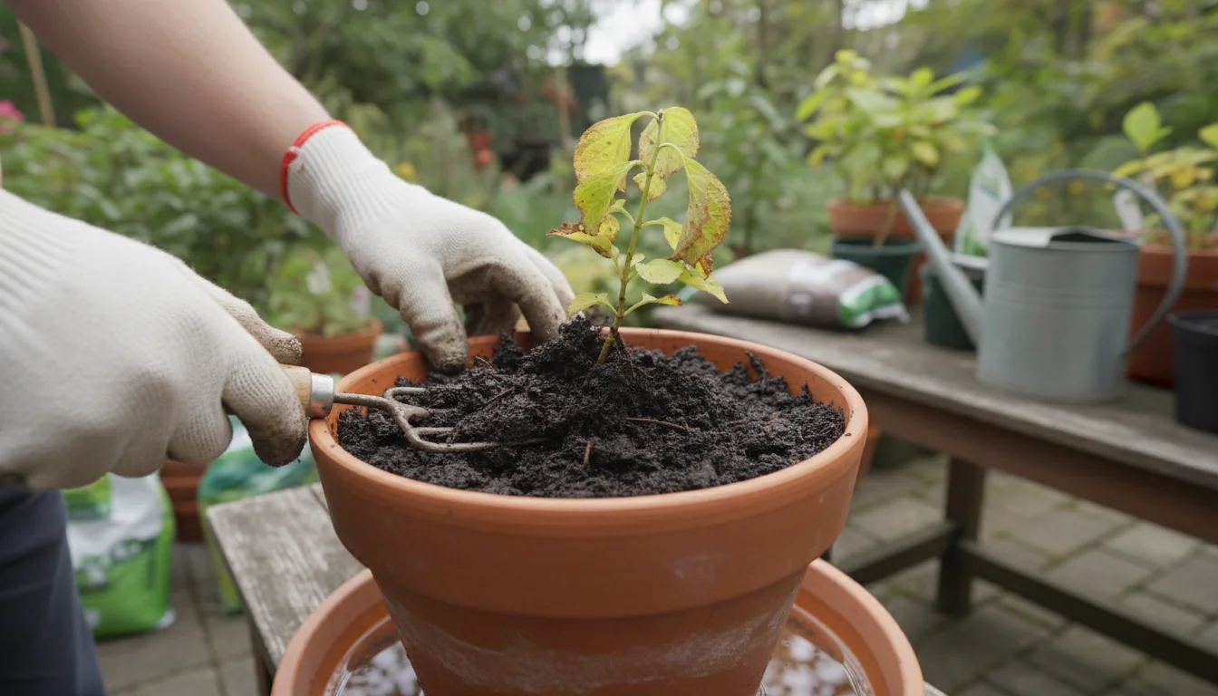 A gardener's gloved hands probe dense, waterlogged soil in a terracotta pot, with a small hand fork stuck in the wet earth. A struggling plant is visi