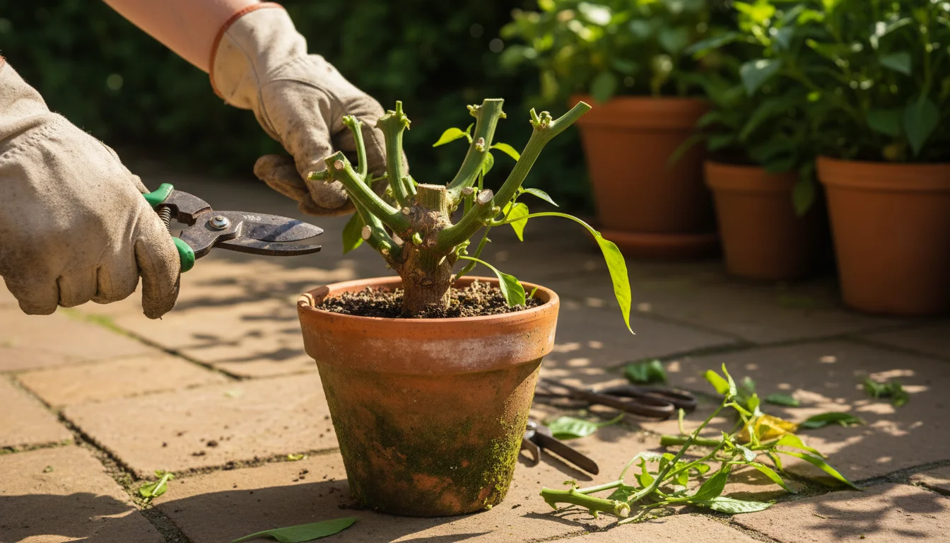 Gardener's gloved hands pruning a pepper plant in a terracotta pot on a patio, with harvested green and red peppers scattered nearby.