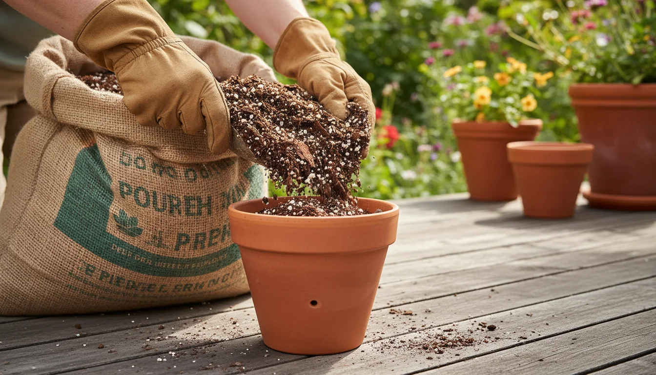 Gardener's gloved hands scooping chunky potting mix into a terracotta pot on a wooden patio, with other empty containers blurred behind.