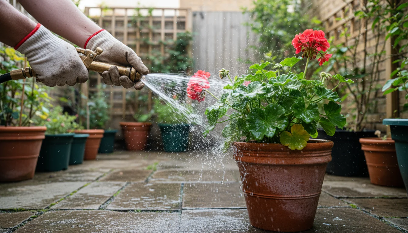 Gardener's gloved hands vigorously hose down a potted geranium's leaves on a weathered patio to remove pests.