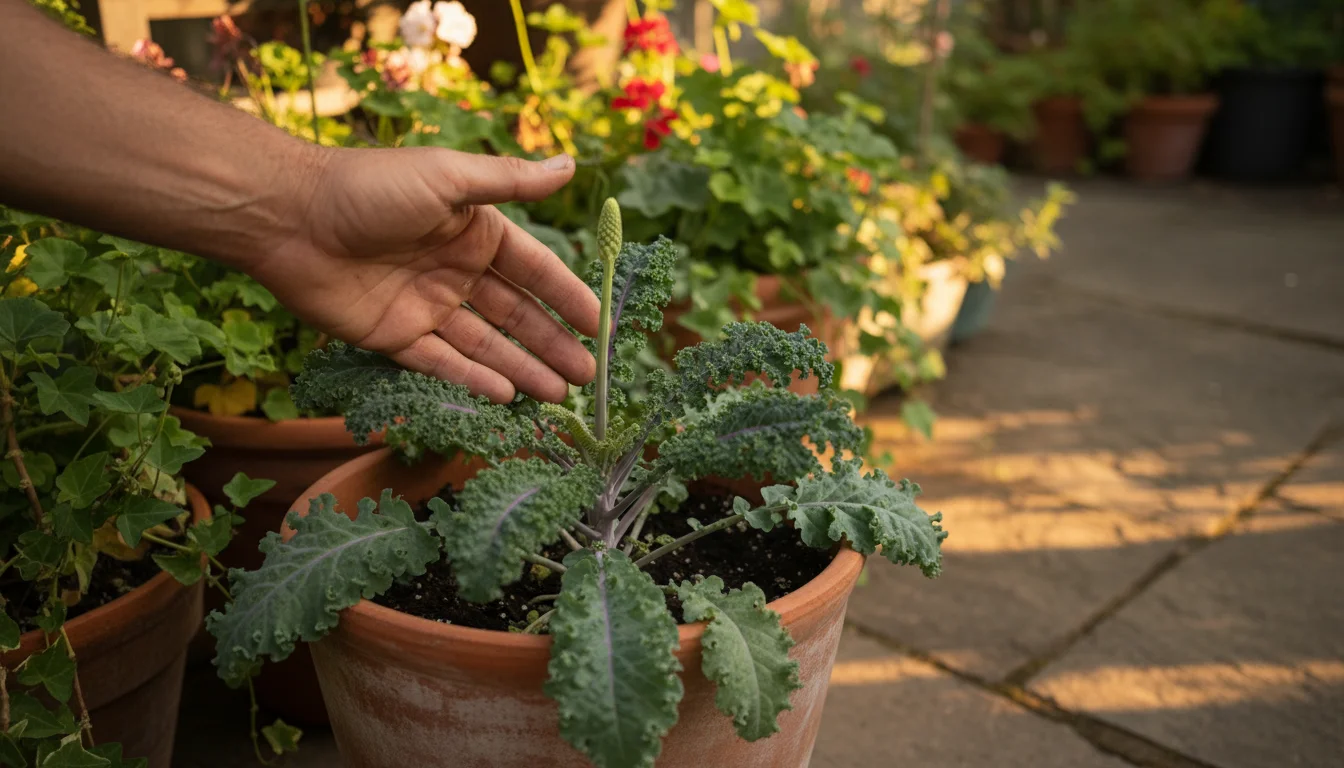A gardener's hand approaches a flower stalk emerging from a Red Russian kale plant in a terracotta pot on a patio.