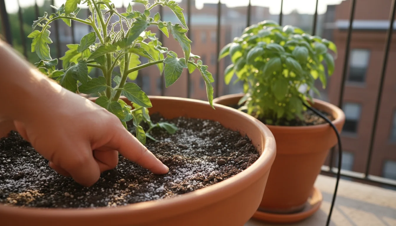 A gardener's hand checks dry topsoil in a balcony container with a tomato plant. In the background, a drip irrigation tube waters a potted herb.
