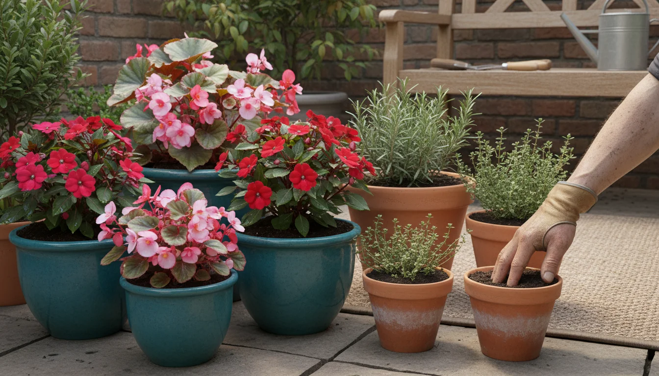 A gardener's hand checks the soil of a potted impatiens, grouped with other moisture-loving plants, beside a separate cluster of dry herbs in containe